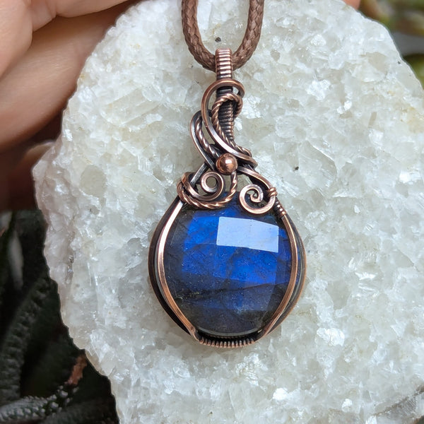 Labradorite Wire Wrapped Oxidized Copper Pendant