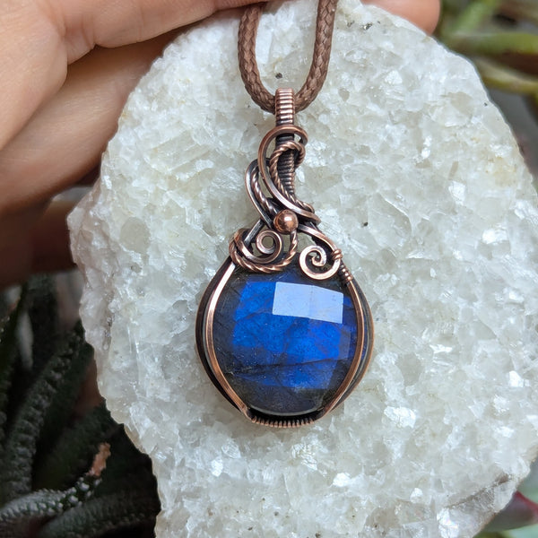 Labradorite Wire Wrapped Oxidized Copper Pendant