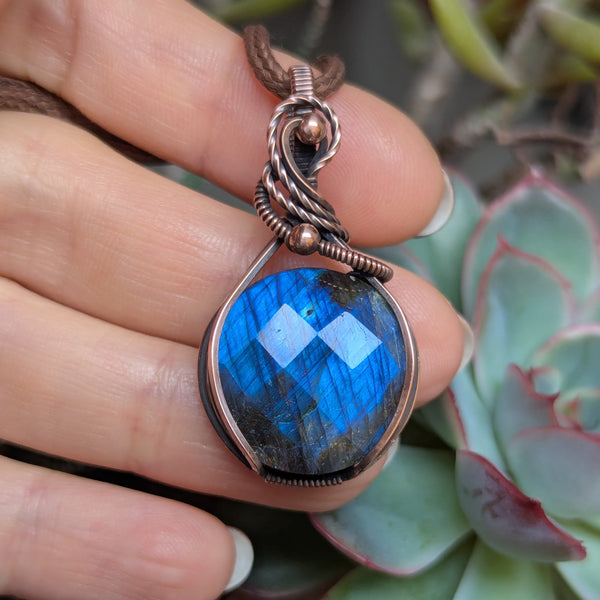 Labradorite Wire Wrapped Oxidized Copper Pendant