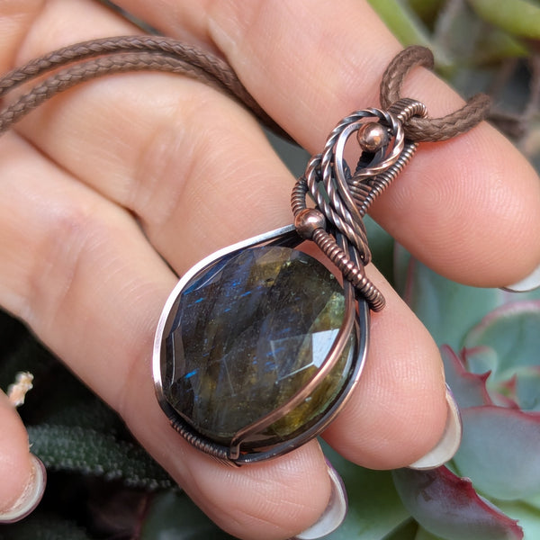 Labradorite Wire Wrapped Oxidized Copper Pendant