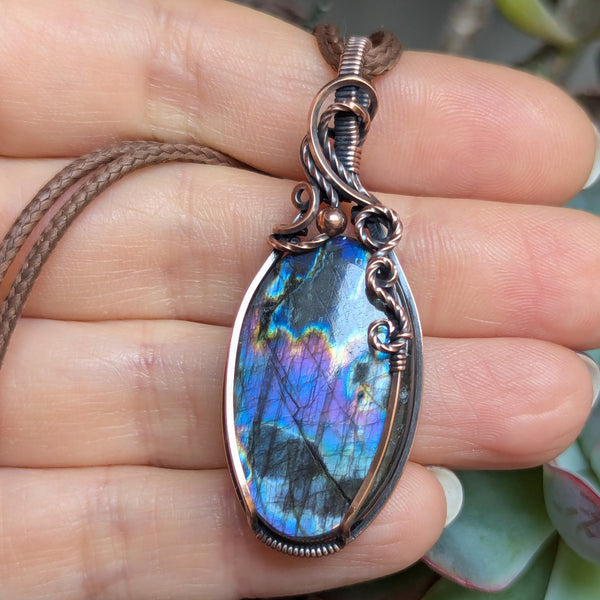 Labradorite Wire Wrapped Oxidized Copper Pendant