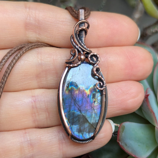 Labradorite Wire Wrapped Oxidized Copper Pendant