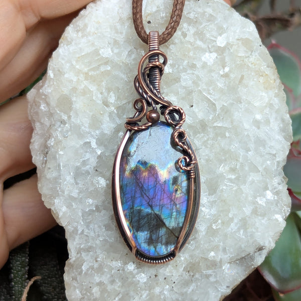Labradorite Wire Wrapped Oxidized Copper Pendant