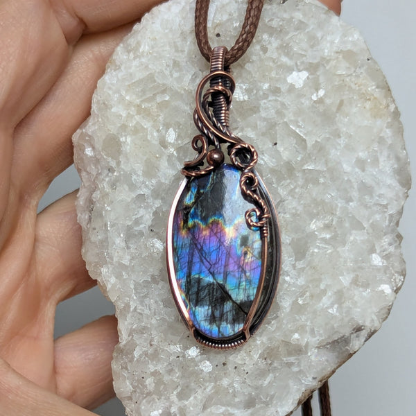Labradorite Wire Wrapped Oxidized Copper Pendant