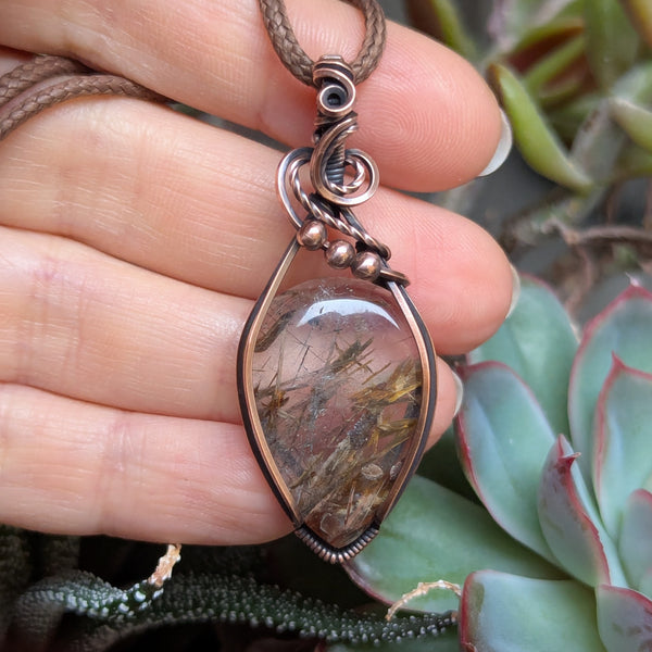 Rutile Quartz Wire Wrapped Oxidized Copper Pendant