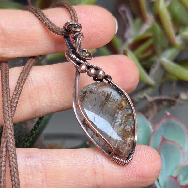 Rutile Quartz Wire Wrapped Oxidized Copper Pendant