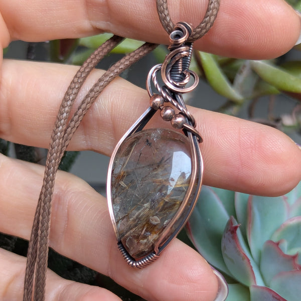 Rutile Quartz Wire Wrapped Oxidized Copper Pendant