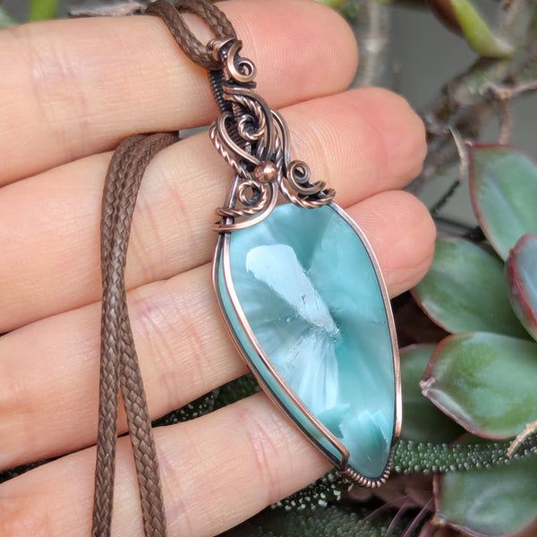 Hemimorphite Wire Wrapped Oxidized Copper Pendant
