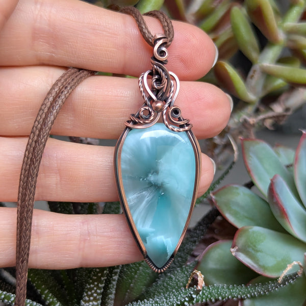 Hemimorphite Wire Wrapped Oxidized Copper Pendant