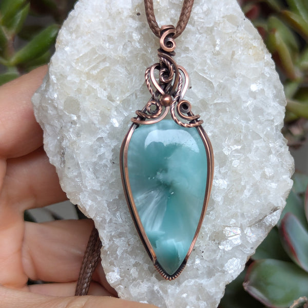 Hemimorphite Wire Wrapped Oxidized Copper Pendant