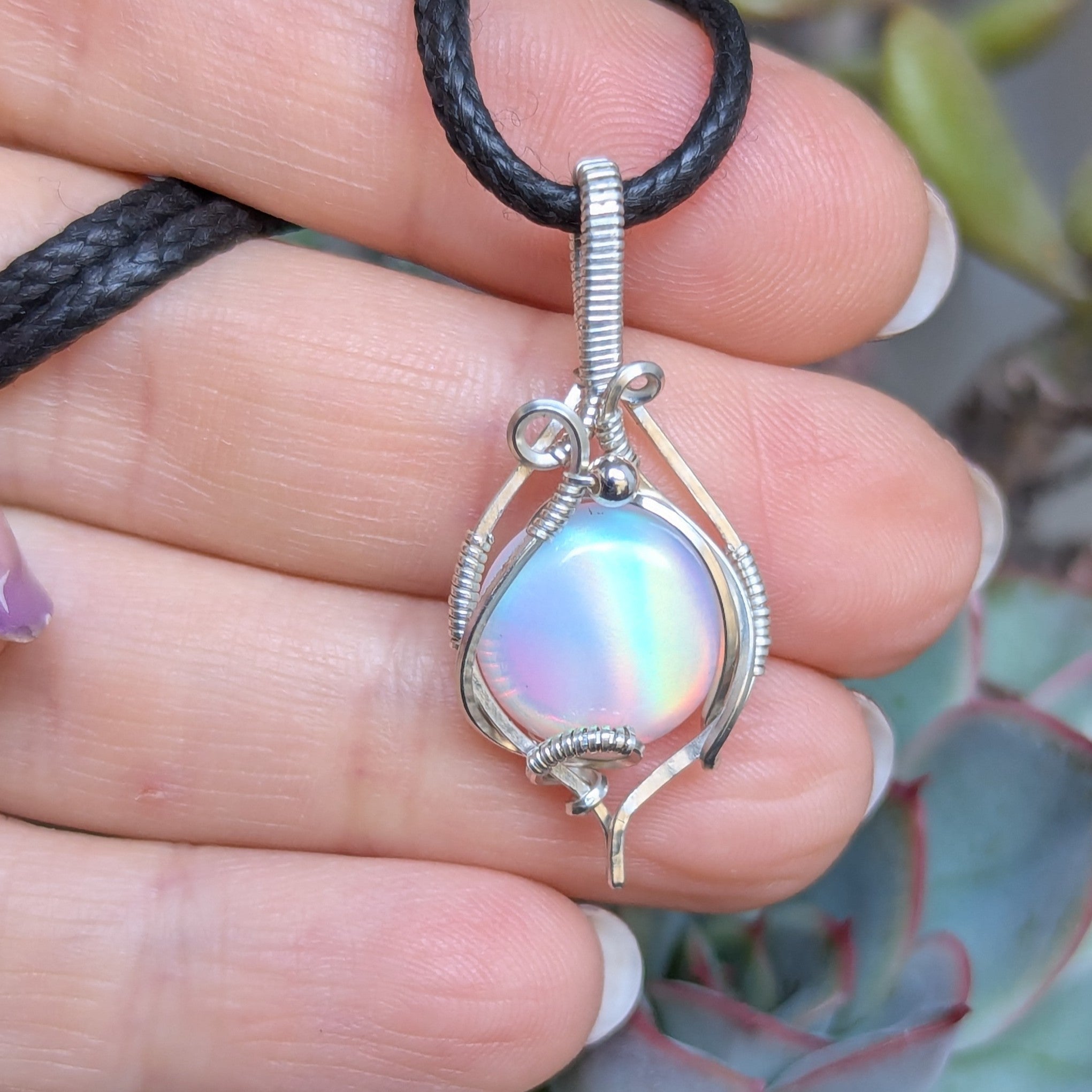 Aurora Opal Wire Wrapped Mini Pendant in Sterling Silver