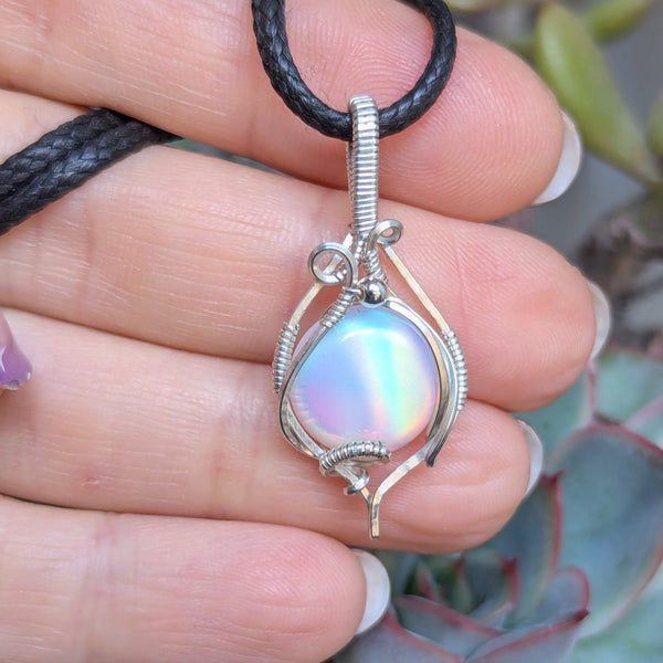 Aurora Opal Wire Wrapped Mini Pendant in Sterling Silver