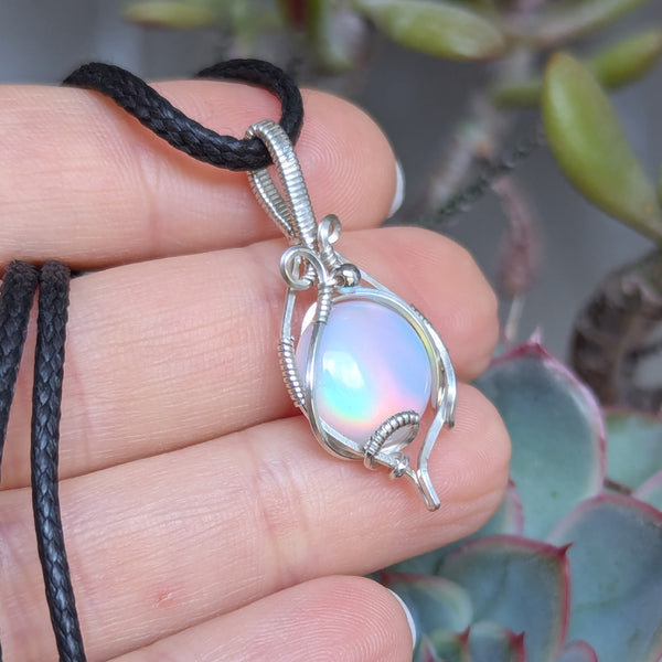 Aurora Opal Wire Wrapped Mini Pendant in Sterling Silver