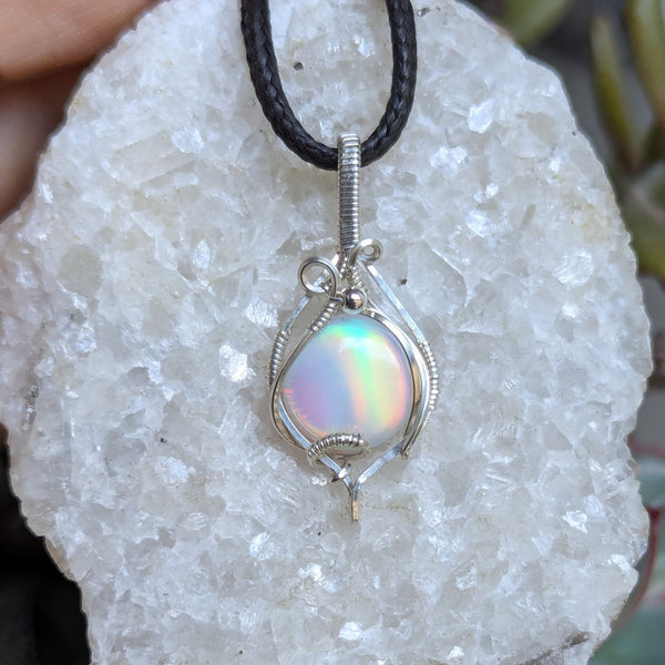 Aurora Opal Wire Wrapped Mini Pendant in Sterling Silver