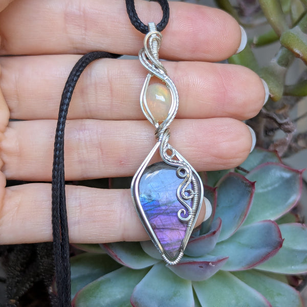 Labradorite & Welo Opal Wire Wrapped Pendant in Sterling Silver