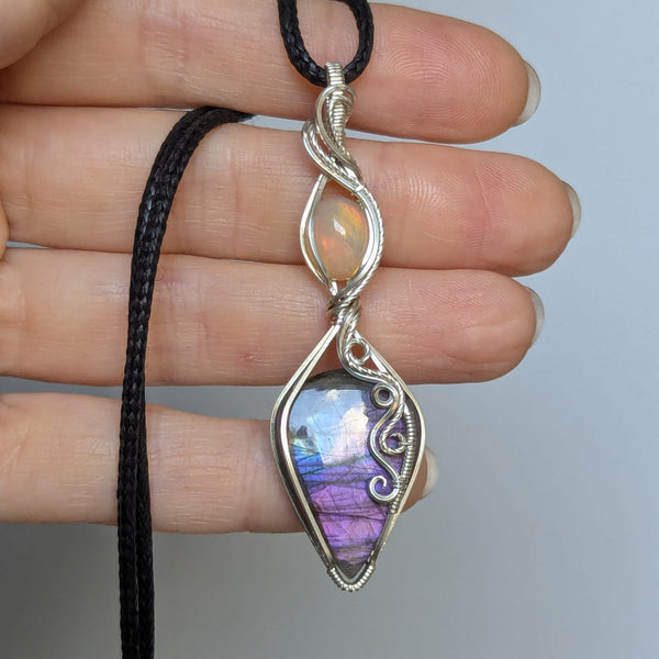 Labradorite & Welo Opal Wire Wrapped Pendant in Sterling Silver