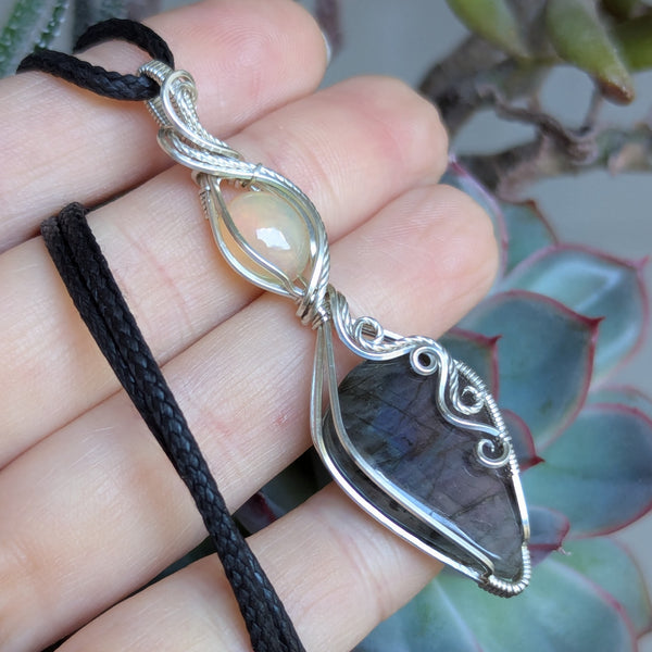 Labradorite & Welo Opal Wire Wrapped Pendant in Sterling Silver