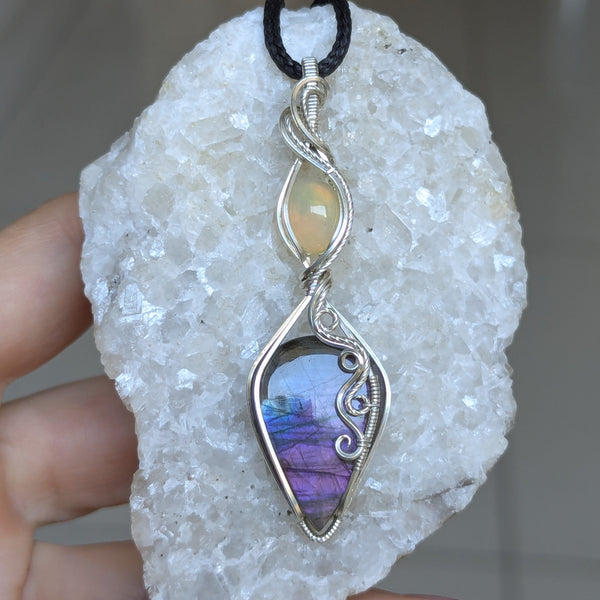 Labradorite & Welo Opal Wire Wrapped Pendant in Sterling Silver