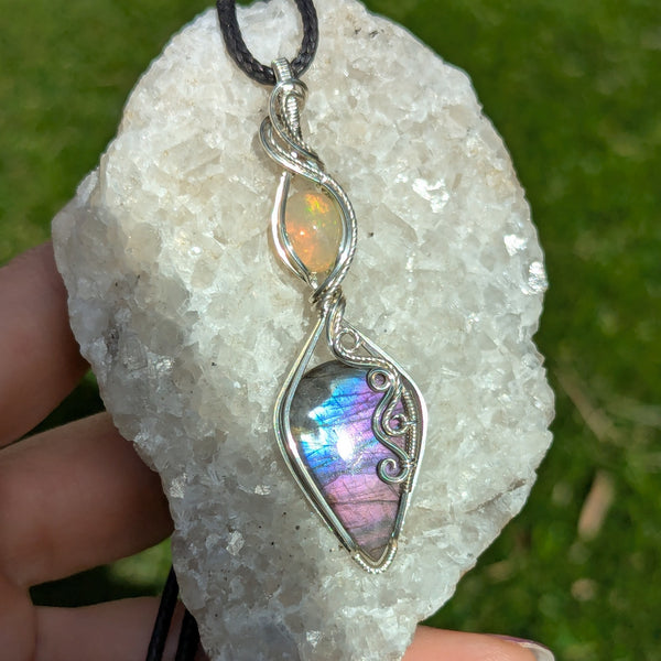 Labradorite & Welo Opal Wire Wrapped Pendant in Sterling Silver