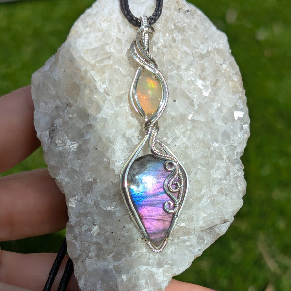 Labradorite & Welo Opal Wire Wrapped Pendant in Sterling Silver