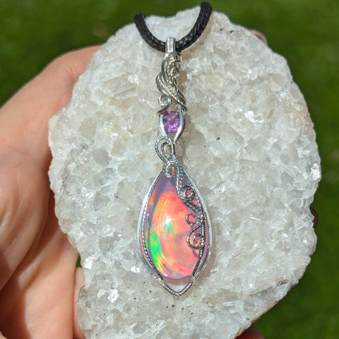 Aurora Opal & Amethyst Wire Wrapped Pendant in Sterling Silver