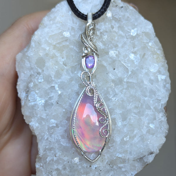 Aurora Opal & Amethyst Wire Wrapped Pendant in Sterling Silver