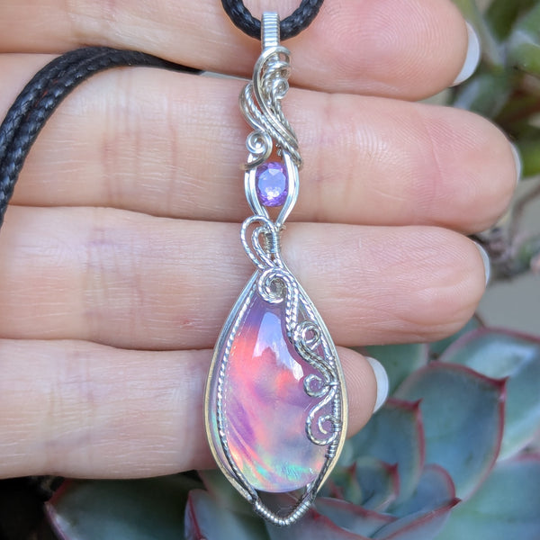 Aurora Opal & Amethyst Wire Wrapped Pendant in Sterling Silver