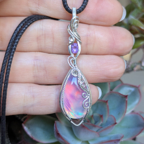 Aurora Opal & Amethyst Wire Wrapped Pendant in Sterling Silver