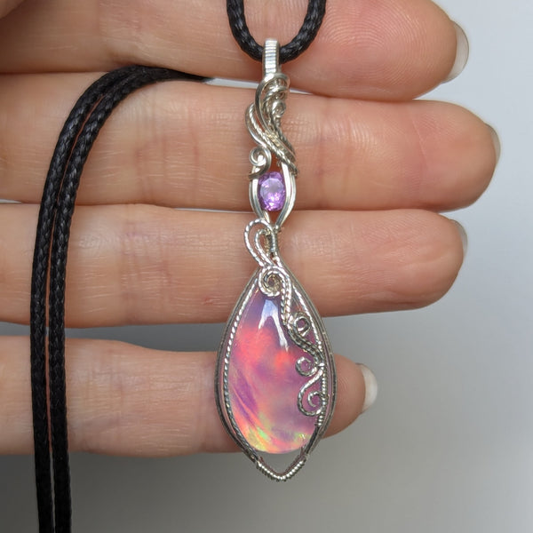 Aurora Opal & Amethyst Wire Wrapped Pendant in Sterling Silver