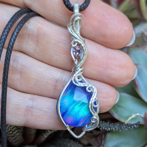Aurora Opal & Amethyst Wire Wrapped Pendant in Sterling Silver