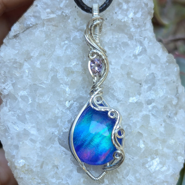 Aurora Opal & Amethyst Wire Wrapped Pendant in Sterling Silver