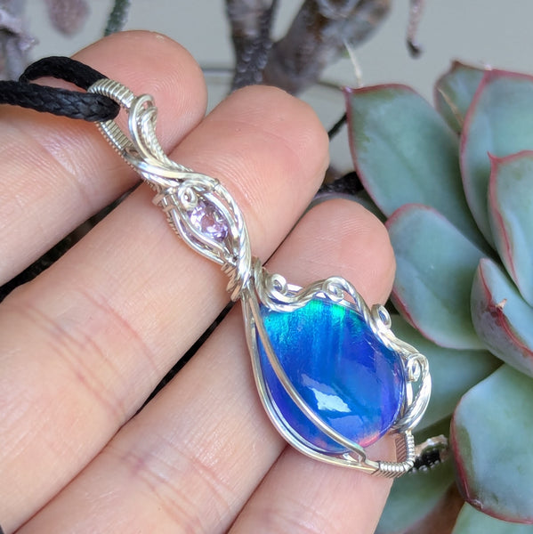 Aurora Opal & Amethyst Wire Wrapped Pendant in Sterling Silver