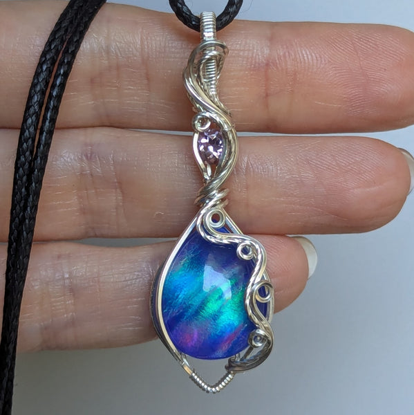 Aurora Opal & Amethyst Wire Wrapped Pendant in Sterling Silver