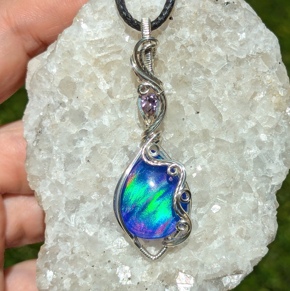 Aurora Opal & Amethyst Wire Wrapped Pendant in Sterling Silver