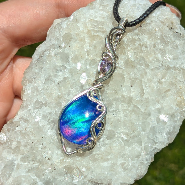 Aurora Opal & Amethyst Wire Wrapped Pendant in Sterling Silver
