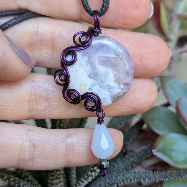 Amethyst Wire Wrapped Enamelled Copper Pendant