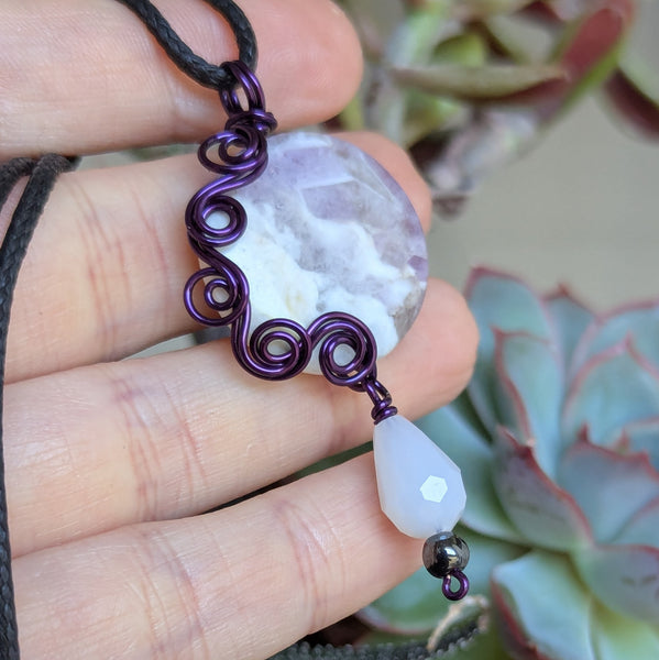 Amethyst Wire Wrapped Enamelled Copper Pendant