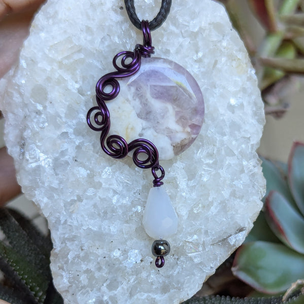 Amethyst Wire Wrapped Enamelled Copper Pendant