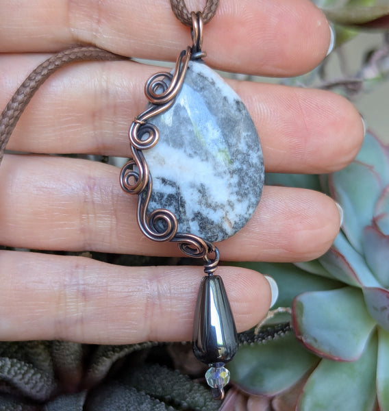 Jasper Wire Wrapped Oxidized Copper Pendant