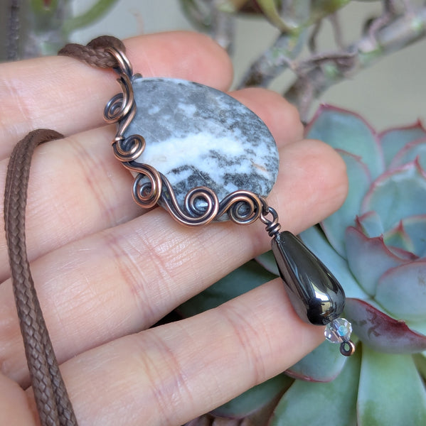 Jasper Wire Wrapped Oxidized Copper Pendant