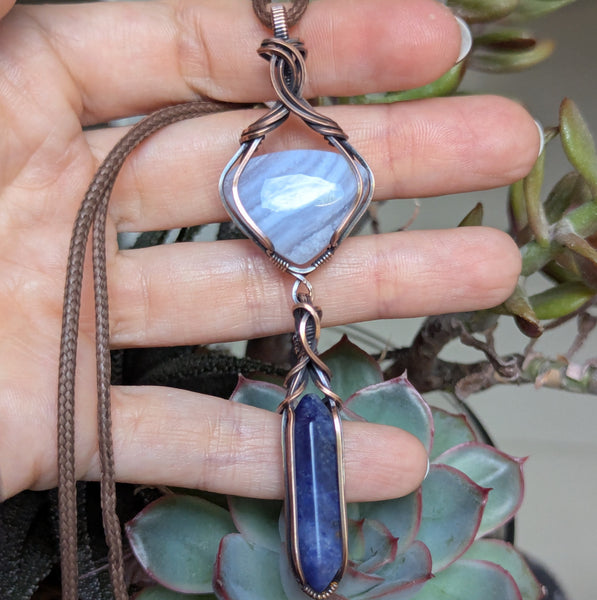 Blue Lace Chalcedony & Sodalite Wire Wrapped Oxidized Copper Dangle Pendant
