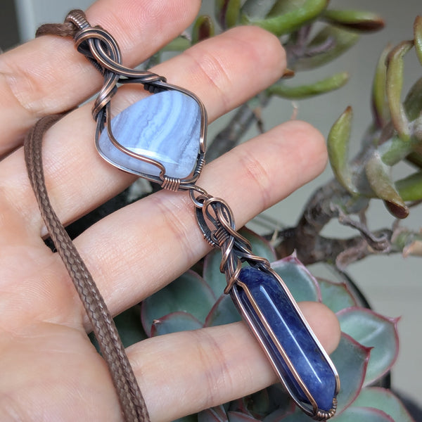 Blue Lace Chalcedony & Sodalite Wire Wrapped Oxidized Copper Dangle Pendant