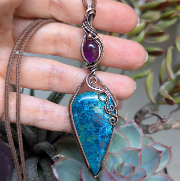 Azurite-Chrysocolla & Amethyst Wire Wrapped Oxidized Copper Pendant