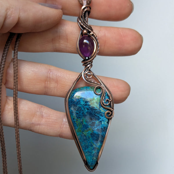 Azurite-Chrysocolla & Amethyst Wire Wrapped Oxidized Copper Pendant