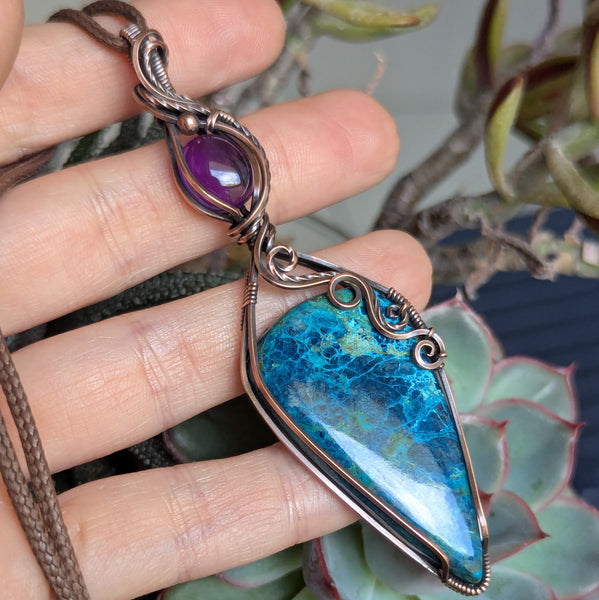 Azurite-Chrysocolla & Amethyst Wire Wrapped Oxidized Copper Pendant