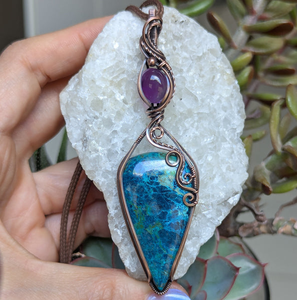 Azurite-Chrysocolla & Amethyst Wire Wrapped Oxidized Copper Pendant