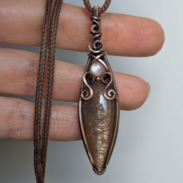 Sunstone & Peach Moonstone Wire Wrapped Oxidized Copper Vase Pendant