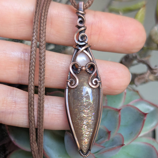 Sunstone & Peach Moonstone Wire Wrapped Oxidized Copper Vase Pendant