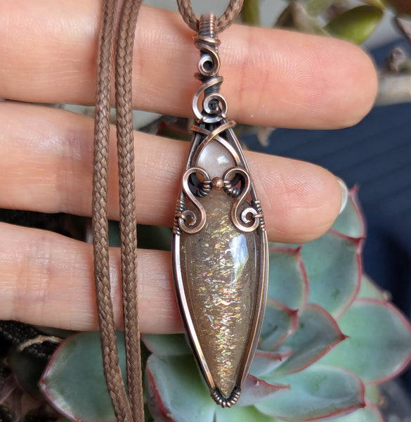 Sunstone & Peach Moonstone Wire Wrapped Oxidized Copper Vase Pendant