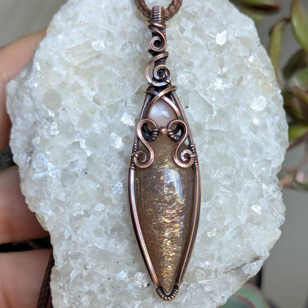 Sunstone & Peach Moonstone Wire Wrapped Oxidized Copper Vase Pendant